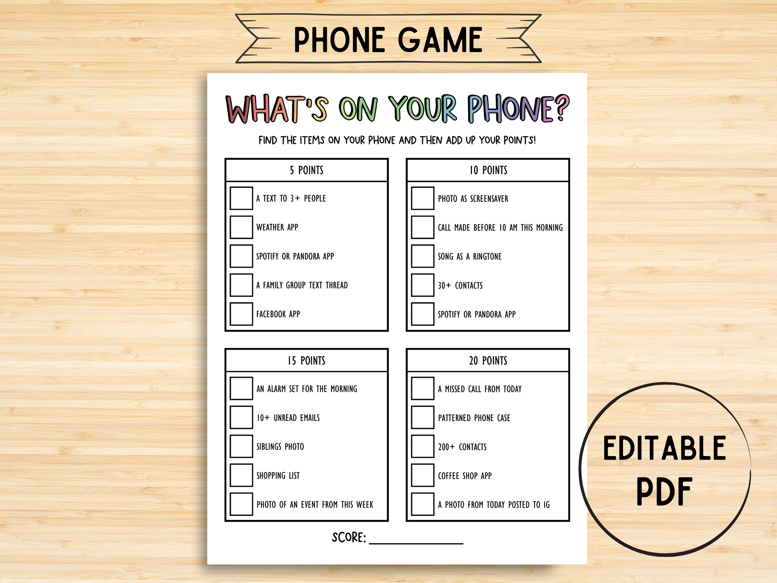 What's on Your Phone Game, Birthday Printable, Bridal Shower Game