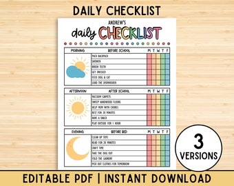 Editable Daily Checklist for Kids, Printable, Kids Responsibility Chart, To Do list, Before and After School, Daily Routine, Chore Chart