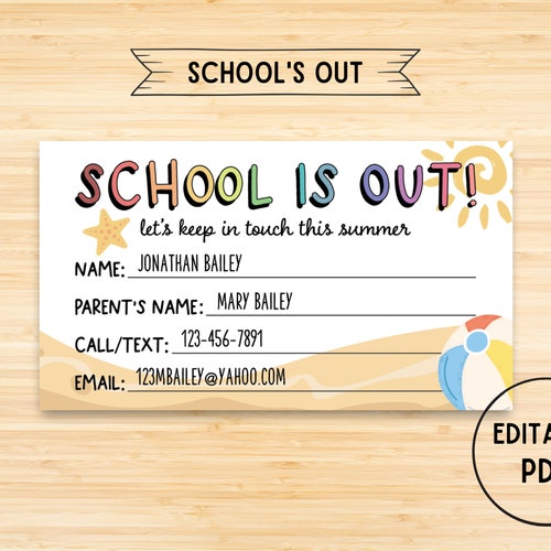 Printable Summer Contact Card Editable End of School Cards Etsy