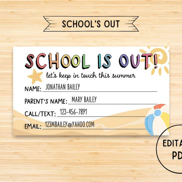 Printable Summer Contact Card, Editable, End of School Cards for Kids, Play Date Calling Card, Business Card, Kids Summer Contact Card