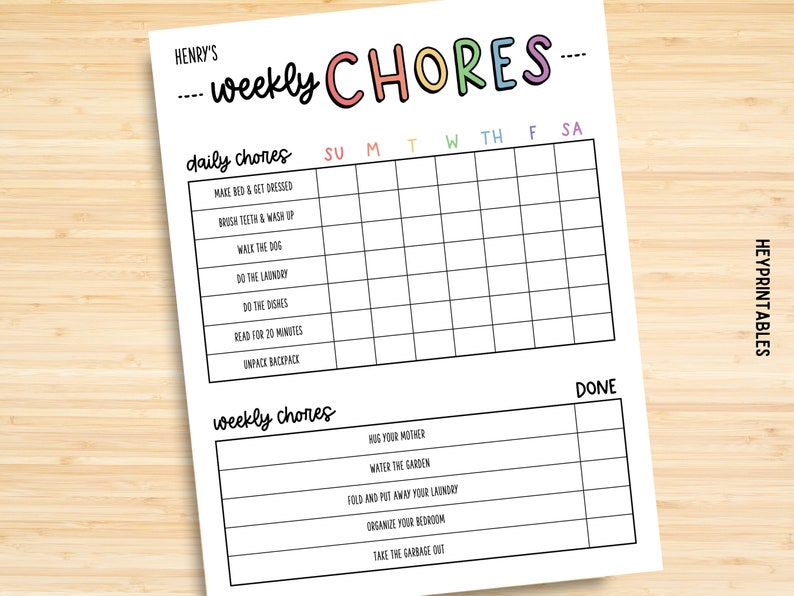 Chore Chart, Printable Editable Daily & Weekly Kids Chore Responsibility Chart, Instant Download, Kids Routine Chart, Digital Download image 2