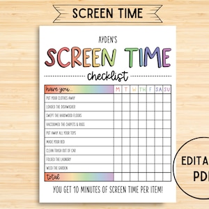 Screen Time Checklist, Editable, Printable, Screen Time Chore Chart, Screen Time Tracker, Screen Time, Chore Checklist, Chore List