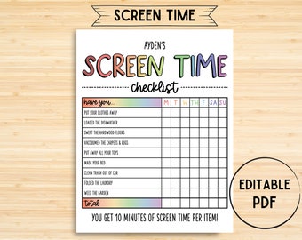 Screen Time Checklist, Editable, Printable, Screen Time Chore Chart, Screen Time Tracker, Screen Time, Chore Checklist, Chore List
