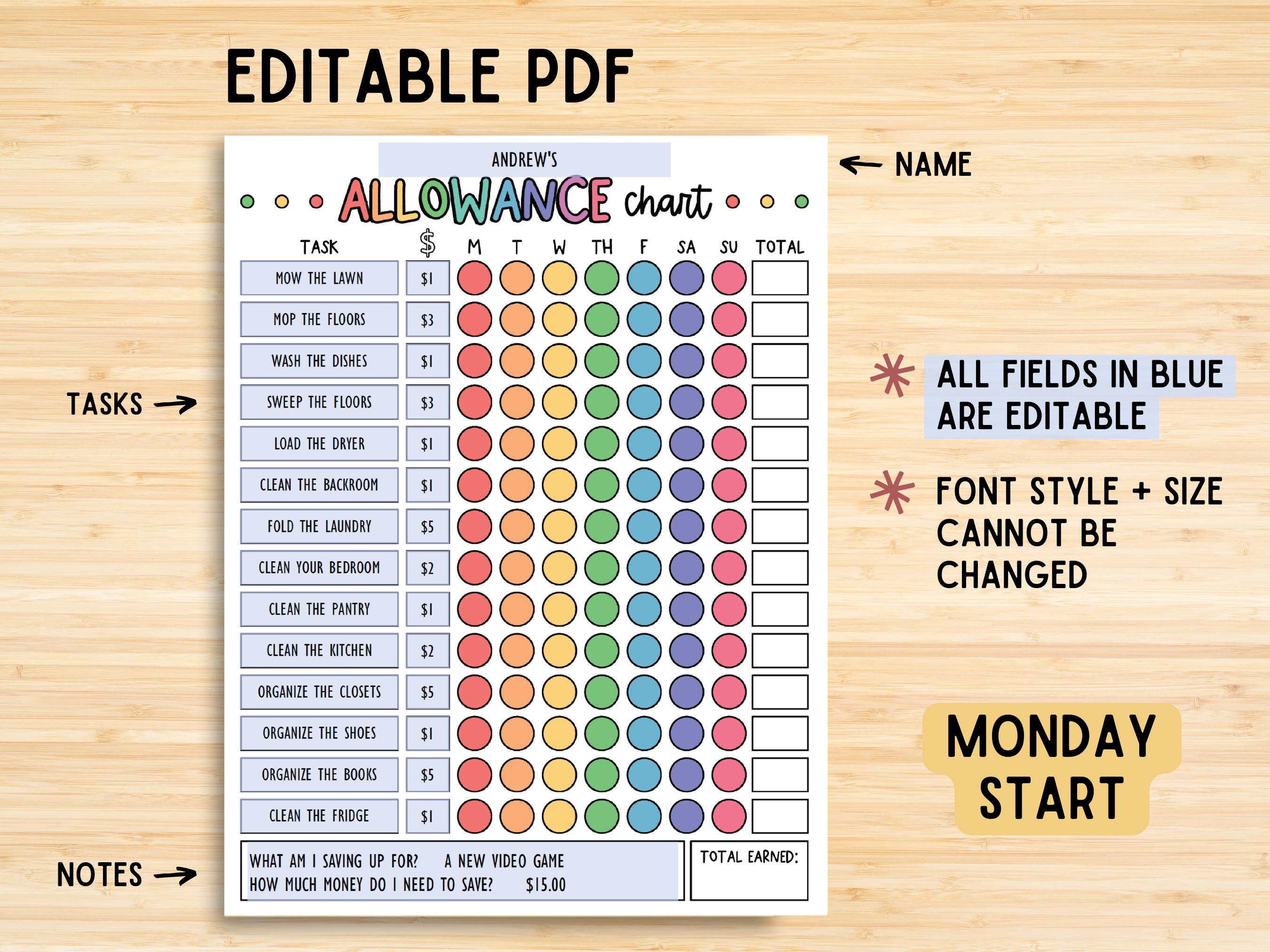 Editable Kids Allowance Chart Printable, Kids Chores Chart, Weekly ...
