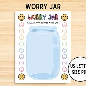 May include: Printable Worry Jar template with a blue jar outline and the text "Worry Jar" in rainbow letters. The template is surrounded by a border of smiling faces in rainbow colors. The text "US Letter Size PDF" is in a black circle at the bottom right corner.