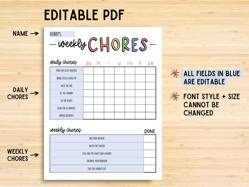 Chore Chart, Printable Editable Daily & Weekly Kids Chore Responsibility Chart, Instant Download, Kids Routine Chart, Digital Download image 4