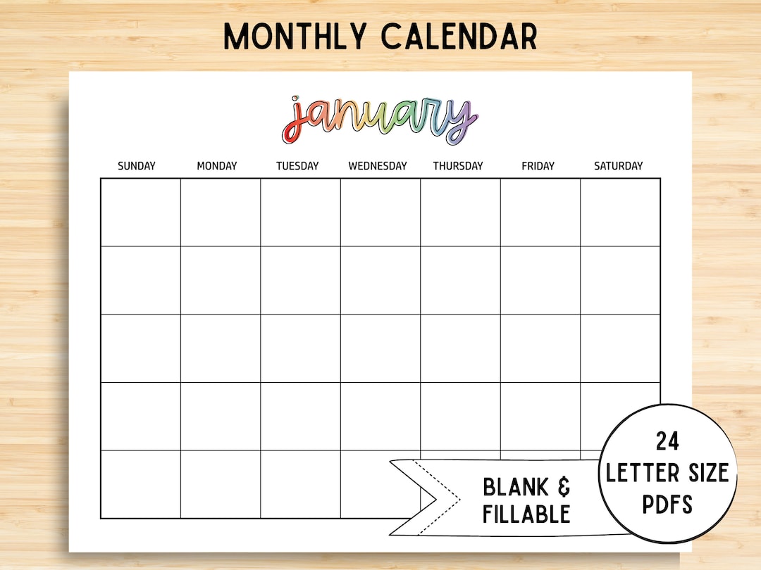 Monthly Blank Calendar, Simple Calendar, Editable PDF, 11 X 8.5 ...