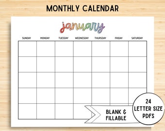 Monthly Blank Calendar, Simple Calendar, Editable PDF, 11 x 8.5, Horizontal Printable Calendar Pages, PDF Printable, Instant Download