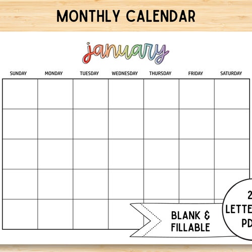 Printable Monthly Blank Calendar Simple Calendar 11 X 8.5 - Etsy