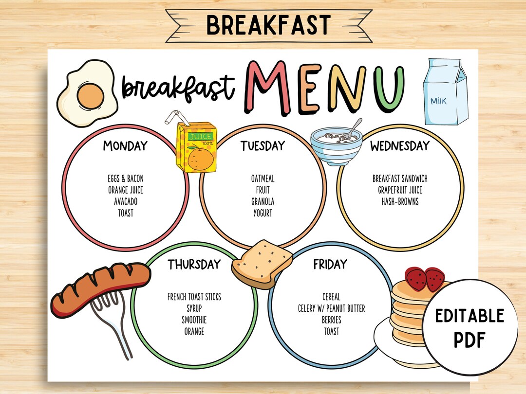 Editable Kids Breakfast Planner Meal Weekly Planner Breakfast Menu 