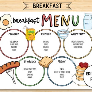 Bearbeitbarer Kinder-Frühstücksplaner, Mahlzeitenwochenplaner, Frühstücksmenü für Kinder, sofortiger Download, Schulfrühstücksplaner