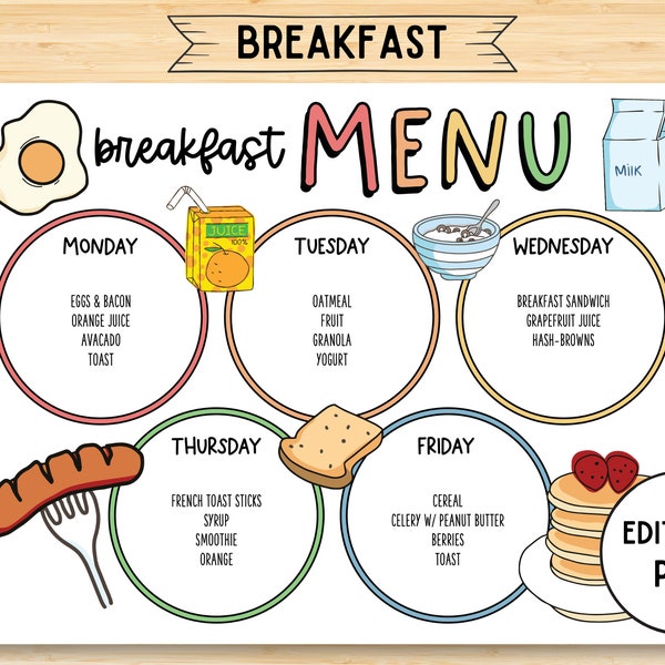 Editable Kids Breakfast Planner, Meal Weekly Planner, Breakfast Menu for Children, Instant Download, School Breakfast Menu Planner
