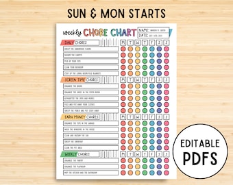 Editable Chore Chart for Kids, Screen Time Chart Checklist, Allowance Tracker, Earn Money Chart, Kids Daily Weekly Responsibility Chart, pdf
