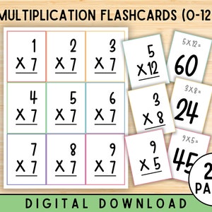 Flashcards vermenigvuldigen, wiskundige feiten 0-12, wiskundeoefening, maaltafels, huiswerkhulp, thuisonderwijs, onderwijs, afdrukbaar, direct downloaden