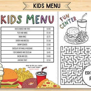 Diseño de menú infantil editable, diseño de plantilla, menús, menú de actividades para niños, menú infantil, niño, restaurante, impresión, comida, descarga instantánea