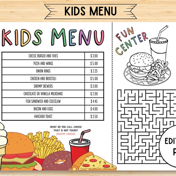 Editable Kids Menu Design, Template Design, Menus, Kids Activity Menu, Children's Menu, Child, Restaurant, Print, Food, DIY Instant Download