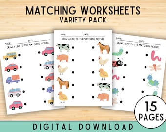 Printable Matching Worksheets, Kindergarten Preschool Activity, Match the Picture, Busy Book, Educational Pages, Printable Activities PDFs