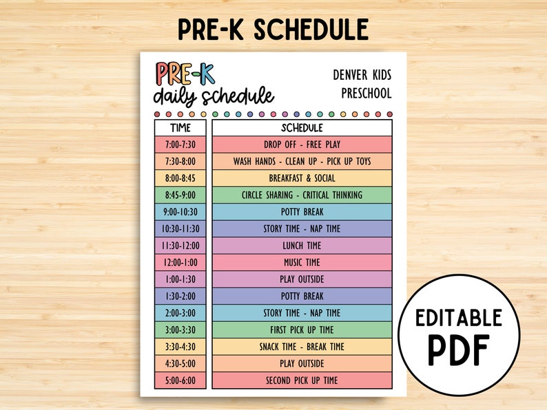 Daycare Daily Schedule for Pre-K, Printable Child Care, Kids Daily Schedule Template, Homeschool Classroom Daily Routine, Editable PDF