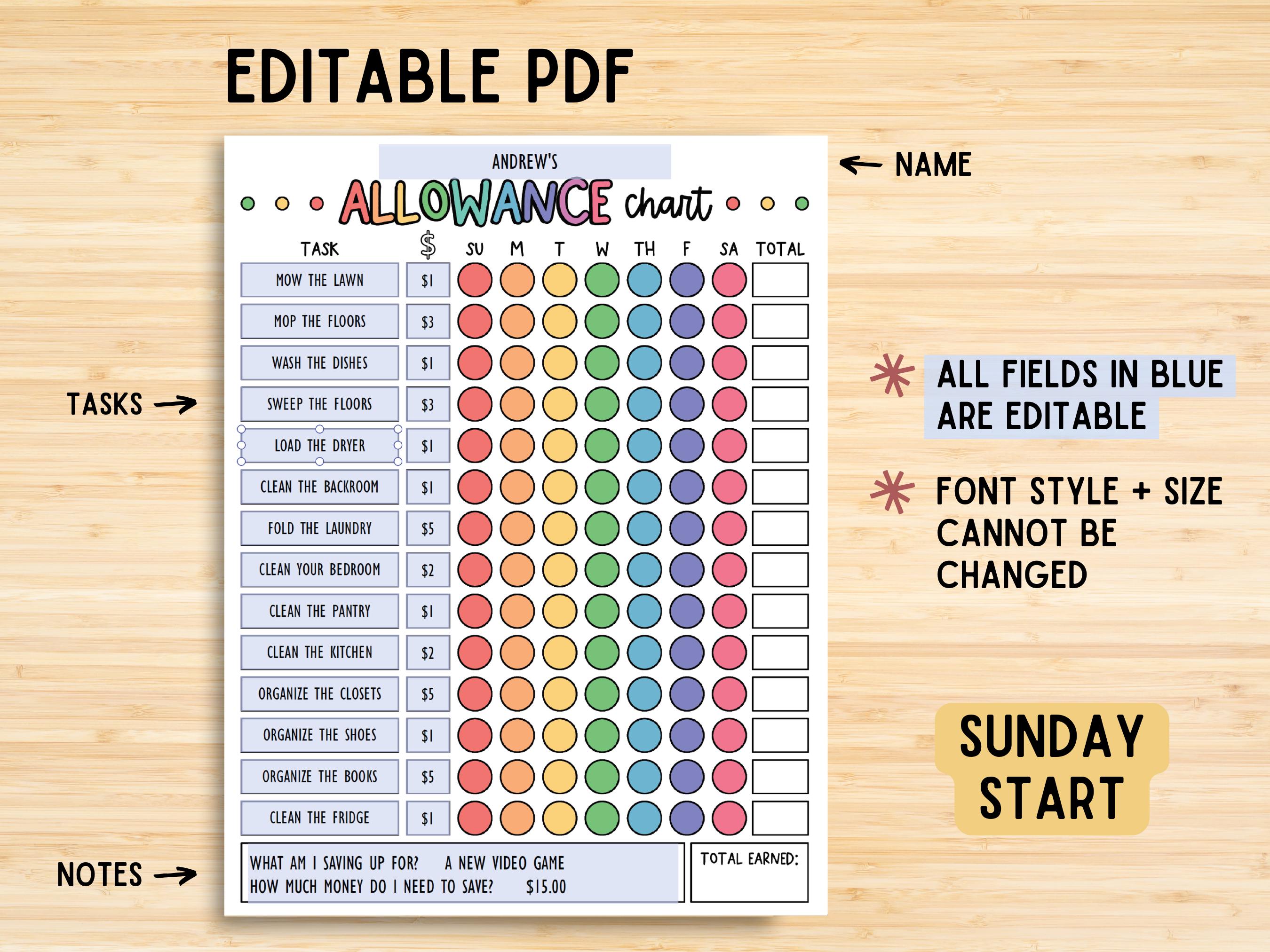 Editable Kids Allowance Chart Printable, Kids Chores Chart, Weekly ...