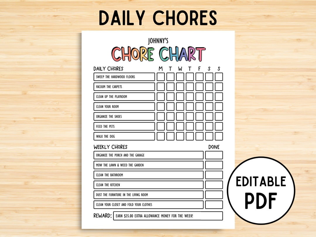 Editable Daily & Weekly Chore Chart for Teens, Simple Teens Reward ...
