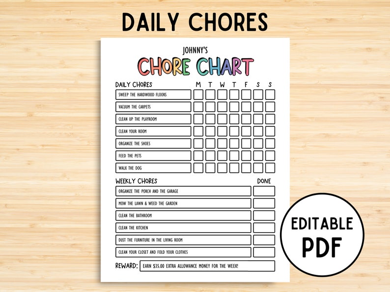 Editable Daily & Weekly Chore Chart for Teens, Simple Teens Reward ...