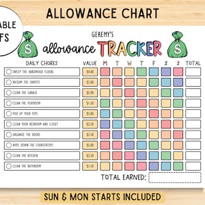 Editable Allowance Tracker Kids, Earn Money Chart, Daily Weekly Allowance Chore Chart, Money Reward Chart, Allowance Chart, Printable PDF