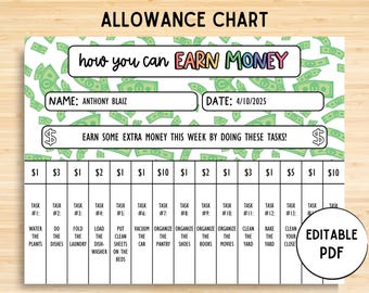 Editable Chore Chart, Allowance Tracker, Weekly Allowance Chore Chart, Allowance Chart For Kids, Earn Money Chart, Money Reward Chart, PDF