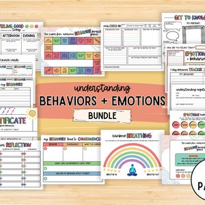 May include: A printable bundle of 15 pages of worksheets and activities for understanding behaviours and emotions. The pages feature colourful illustrations and text, including "Understanding Behaviours + Emotions Bundle", "Get to Know Me", "Emotions Memory Game", and "Rainbow Breathing".
