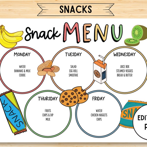 Editable Kids Snack Planner, Meal Weekly Planner, Snacks Menu for Children, Instant Download, School Snack Menu Planner