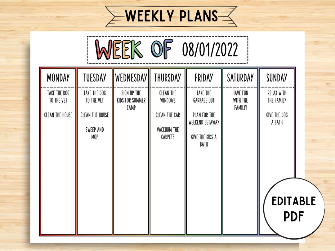 Printable Editable Weekly Calendar, 11