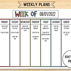Könnte beinhalten: Ein druckbarer Wochenplaner mit dem bunten Titel "WEEK OF 08/01/2022". Der Planer ist in sieben Spalten für jeden Tag der Woche unterteilt, von Montag bis Sonntag. Jede Spalte enthält eine Liste von Aufgaben, die an diesem Tag erledigt werden sollen.