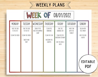 Printable Editable Weekly Calendar, 11"x8.5", Letter Size Rainbow, Instant Download, Monday Through Sunday