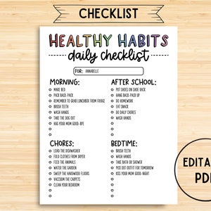 Healthy Habits Checklist, Chore Chart, Kids Daily Routine, Printable Daily Routine, Daily Checklist, Fillable PDF, Instant Download