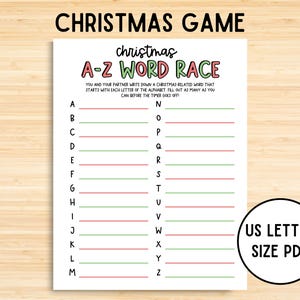 Christmas A-Z Word Race Game, Funny Christmas Game, Family Christmas Game, Christmas Printable Game, Holiday Games, Word Game, Word Race PDF
