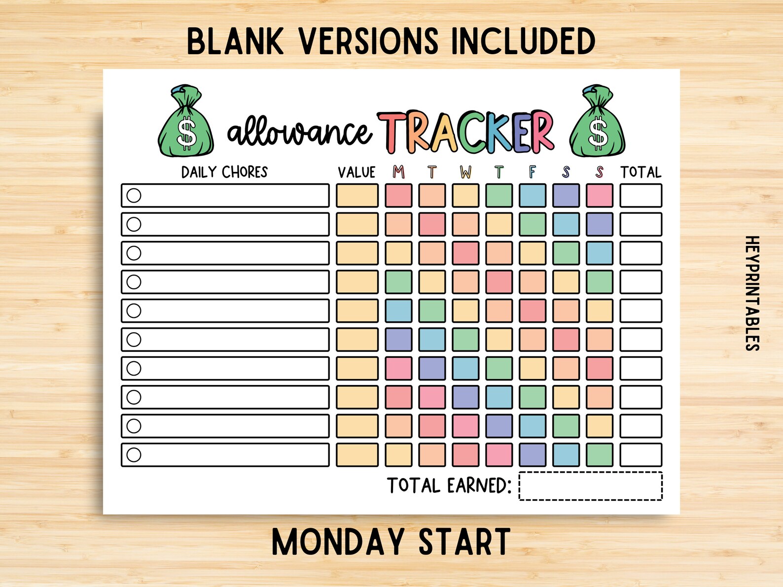 Editable Allowance Tracker Kids, Earn Money Chart, Daily Weekly ...