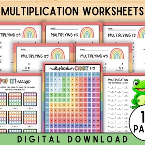 May include: A set of 15 printable multiplication worksheets for kids. The worksheets feature colorful rainbow designs and a frog illustration. The worksheets include multiplication problems for numbers 2, 4, 7, and 12. There is also a multiplication chart and a pop it array activity.