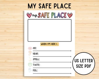 My Safe Place Printable, CBT worksheet, Grounding Activity, Social Skills Emotional Learning, Guidance Template, Counseling Worksheet, PDF