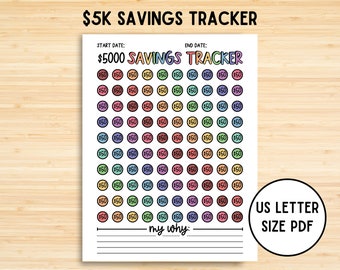 May include: A printable $5,000 savings tracker with a rainbow color scheme. The tracker features 100 circles, each representing $50, and a space to write "my why".