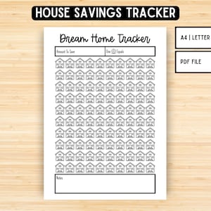 May include: A printable house savings tracker with a grid of 100 house icons. The tracker includes a space to write the amount to save and what one house icon equals. There is also a space for notes.