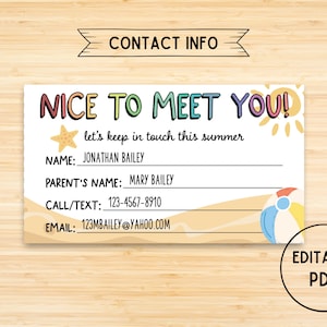 Printable Summer Contact Card, Editable, End of School Cards for Kids, Play Date Calling Card, Business Card, Kids Summer Contact Card