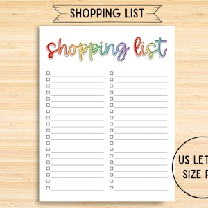May include: A printable shopping list with a rainbow colored title "Shopping list" and two columns of checkboxes. The text "US Letter Size PDF" is in a circle at the bottom right corner of the page.