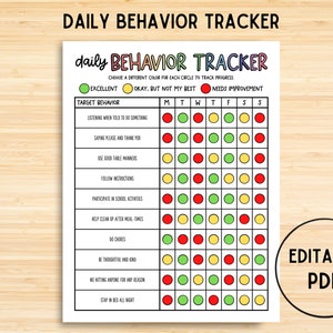 Daily Behavior Tracker, Behavior Tracking for Kids, Track Students, Social Emotional Tracker, Autism, ADHD, ODD, ABA Therapy, Editable pdf