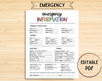 Emergency Contact Info Sheet, Contact Information For Nanny, Babysitter, Printable, Fillable PDF Form, Instant Download