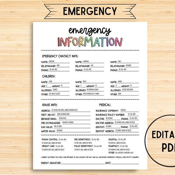 Emergency Contact Info Sheet, Contact Information For Nanny, Babysitter, Printable, Fillable PDF Form, Instant Download