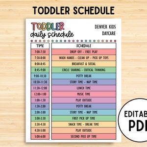 幼児向けデイケアの毎日のスケジュール、印刷可能な育児、子供の毎日のスケジュール テンプレート、ホームスクールの教室の毎日のルーチン、編集可能な PDF