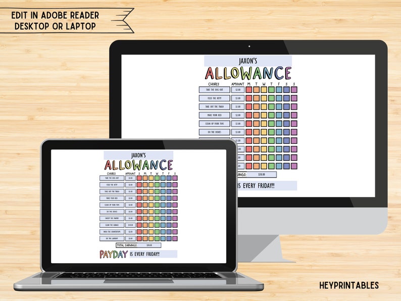 Allowence List Editable Allowance Tracker Kids, Earn Money Chart, Daily Weekly ...