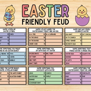 May include: A printable Easter-themed game board with a friendly feud format. The game board is divided into 10 categories, each with 10 questions. The categories include: Name a Popular Easter Symbol, Name a Place Where the Easter Bunny Might Hide an Egg, Name One Way People Celebrate Easter, Name Something You Might Find in an Easter Basket, Name Something You Do With Eggs at Easter, Name Something That Makes Easter a Unique Holiday, Besides the Easter Bunny, Name a Popular Rabbit, Name Something You Associate With Easter, and Name Something the Easter Bunny Might Be Carrying.