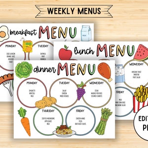Editable Kids Breakfast, Lunch, Dinner Planner, Meal Weekly Planner