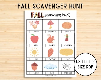 Fall Scavenger Hunt, Autumn Scavenger Hunt Kids, For Toddlers, Fall Games Indoor, Outdoor, Fall Classroom Activity, Homeschool Printable PDF