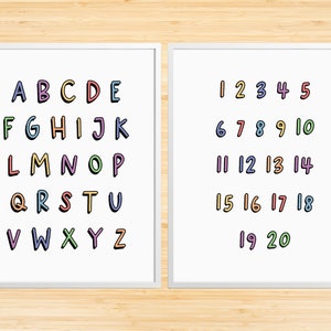 レインボーアルファベットと数字のプリント、ABCプリント、教育アート、印刷可能な壁アート、子供部屋の装飾、デジタルダウンロード